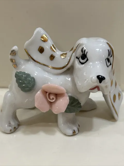 Vtg Ceramic Dog Figurine Long Ears Gold Trim Pink Flower Cocker Spaniel CUTE!