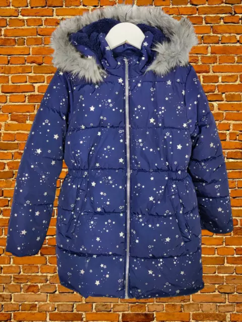 Girls Tu Age 7-8 Years Navy Star Print Padded Coat Jacket Fleece Lined 128Cm