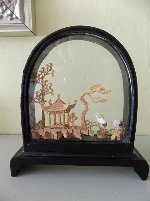 Vintage Chinese Cork & Wood Crane Bird Hand Carved  Pagoda Trees Glass Case 3D