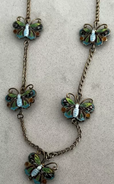 Vintage Adorable Butterfly Enamel Cloisonné Butterfly 18" Necklace Earrings