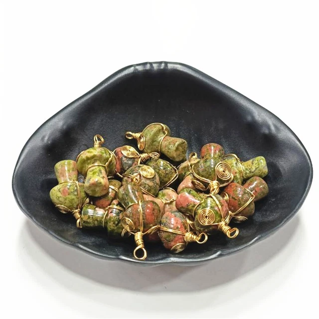 20pc Natural Unakite Stone Mushroom Handmade Gold Iron Wire Pendants Wholesale
