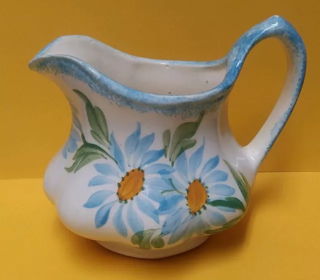 Vtg Cash Family Art Pottery 4" Creamer / Pitcher Hand Painted Blue Daisy Flowers