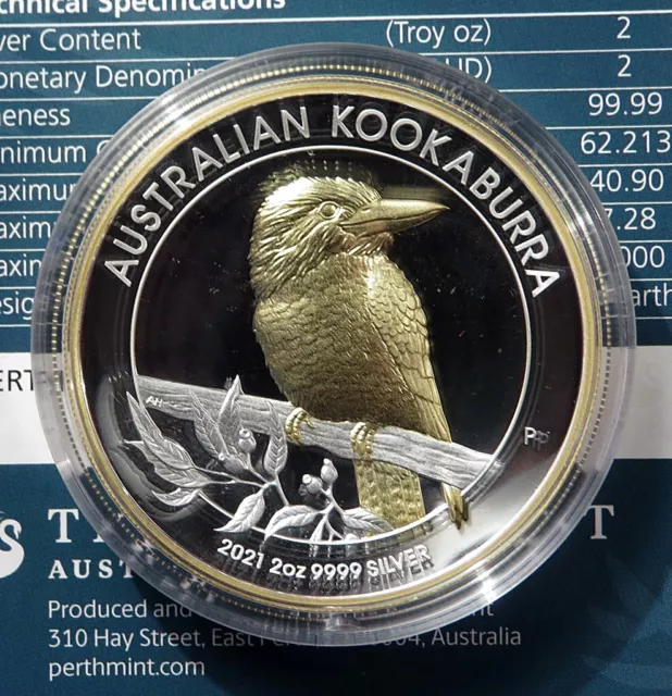 2 Dollars 2021 - Australien - Kookaburra Gilded High Relief in Proof - 2 oz Ag