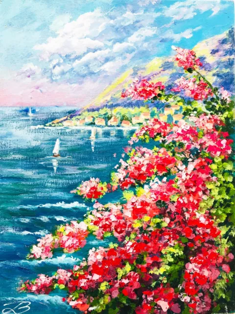 Oil Mini painting Pink Bougainvillea Mediterranean Wall Art Painting on Canvas