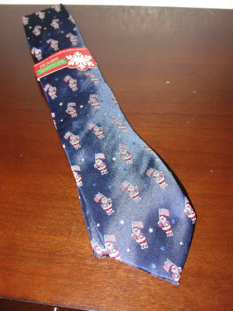 Hallmark Tradition Christmas navy blue necktie with Santa Claus waving US flag