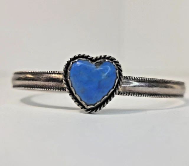 RARE Signed Joan Slifka Denim Lapis & Sterling Silver Heart Cuff Bracelet - NR