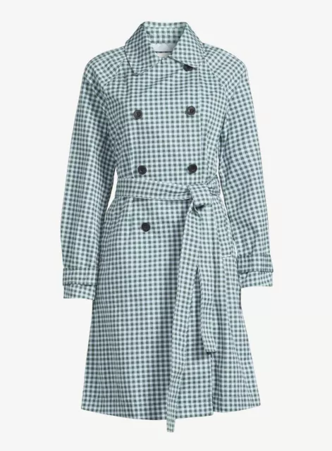 FreeAssembly Soft Trench Coat Large 100% Cotton Plaid Blue Green Double Breasted