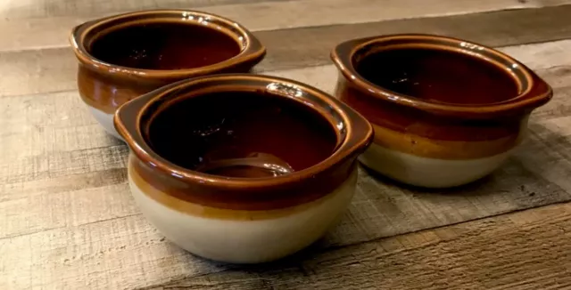 Vintage Restaurant CREST-WARE Set/3 Onion Soup Crock 5”X 2.5”Ceramic Chili Brown