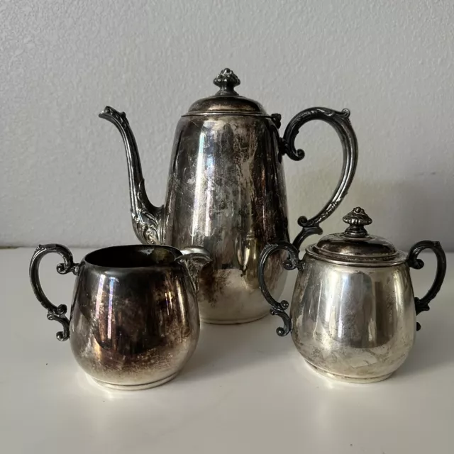 WM Rogers Silver Plate Silverplated Tea Set Teapot Cream Lidded Sugar Bowl