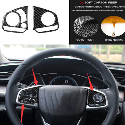 Black Real Carbon Fiber Steering Wheel Button Cover Trim For Honda Civic 2016-19