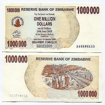Zimbabwe 1 million de dollars 2008 P53 Chèque au porteur UNC AA Monnaie...