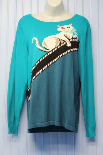 Bob Mackie Wearable Art bright turquoise sweater with yellow-eyed white cat M