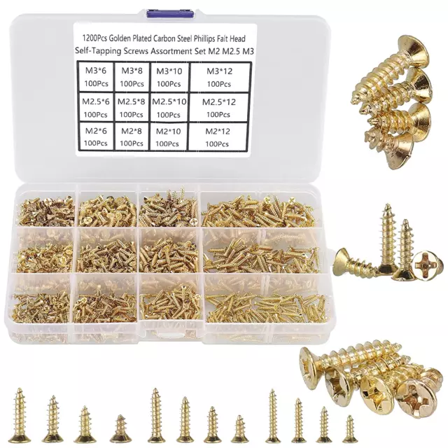 1200Pcs Tiny Phillips Flat Head Self Tapping Screws for Wood, Plastic and Soft M