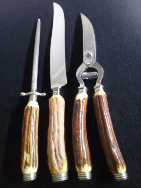 Vintage Solingen Germany Carving Knife Set Antler Bone Stag Horn Handle 3 Piece