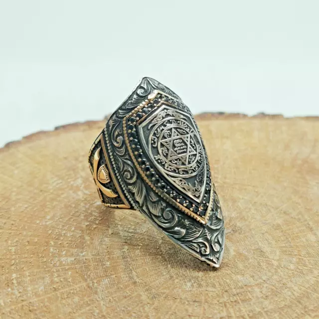 Ottoman Theme 925 Sterling Silver Handmade Thumb Ring with Seal of Solomon