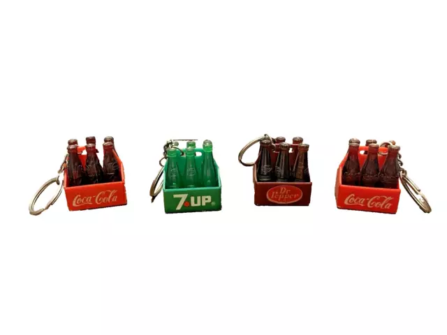 Keychains Coca-Cola Dr. Pepper 7-Up Mini Vintage 6-Pack Bottles Lot of 4