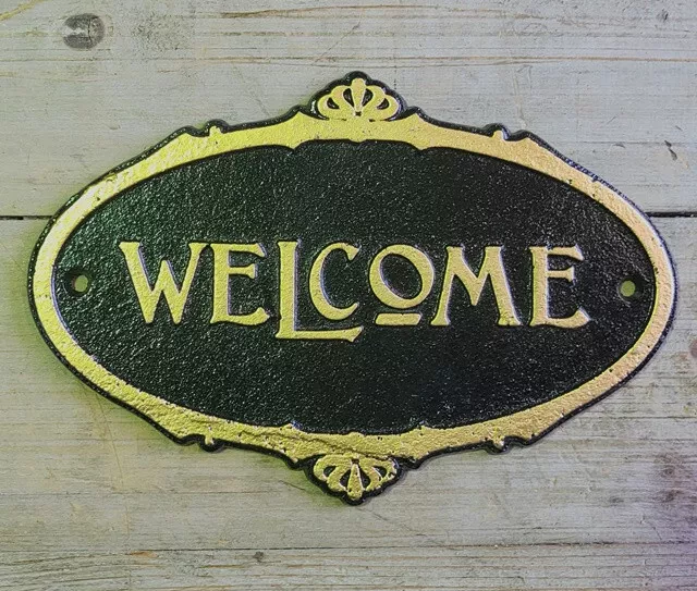 Schild " Welcome " Gusseisen Gold Schwarz Reklame Wanddeko Antik Stil Neu