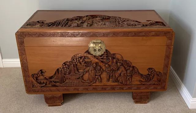 Chinese camphor carved wood chest