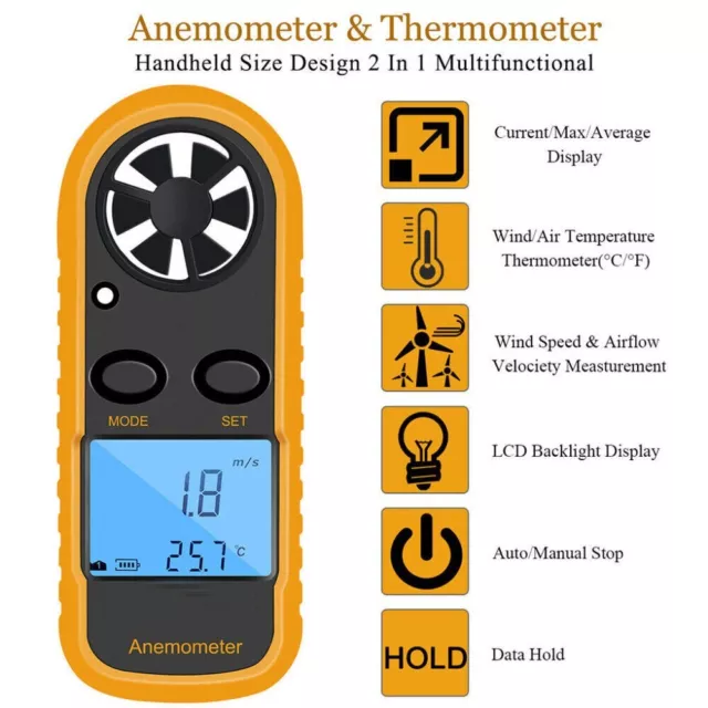 Handheld Anemometer Thermometer Digital LCD Air Wind Speed Velocity Gauge Meter 2