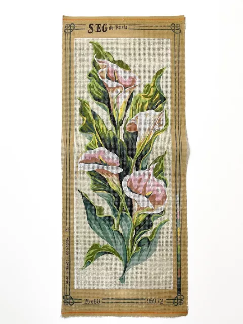 Vintage SEG De Paris Calla Lilies Cross Stitch Needlepoint Canvas France 25x60cm