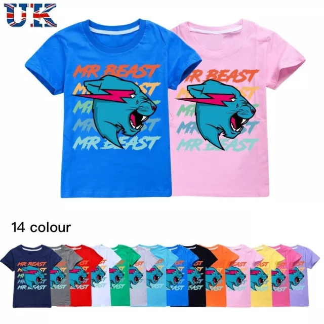 Kids Boys Mr Beast Lightning Cat Short Sleeve Cotton T shirt Casual Tee Tops UK
