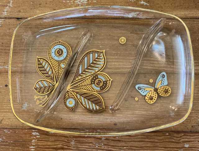 Georges Briard Mid-Century Modern Gold Aqua Tray Plate Butterfly Signed 9.75”