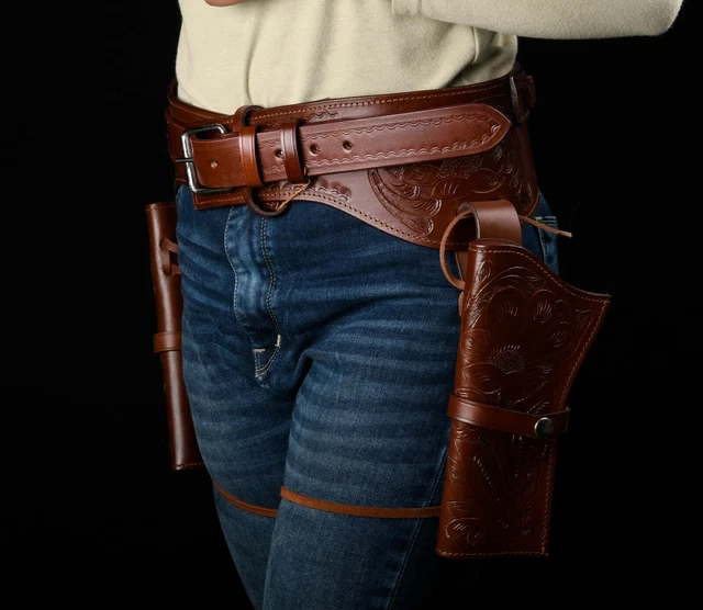 22/357/44/45CAL LEATHER WESTERN Dual Hand Holster Rig Gun Belt TOOTLED ...