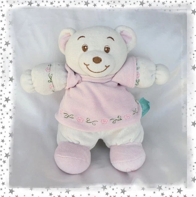 Doudou Peluche Ours Blanc Robe Rose Fleur Grelot Baby Bow Poupe Poupi 23 cm