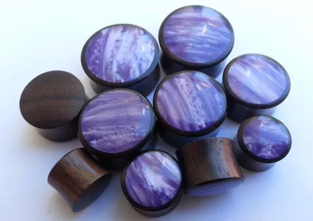 Pair Handmade Shiny Cloudy Purple Resin Sono Wood Saddle Ear Plugs Tunnel Gauges