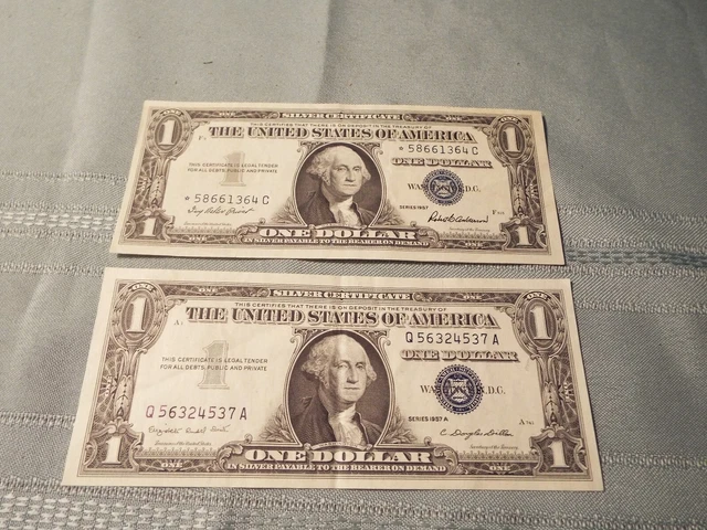 Pair of 1957  One Dollar Blue Seal Silver Certificate Note US $1 Bill One Star