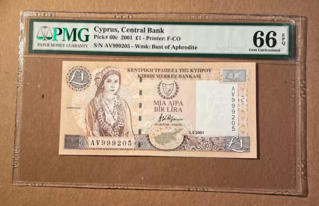 2001 Cyprus £1 Pick# 60c PMG 66 EPQ - S/N# AV999205 - Gem Uncirculated