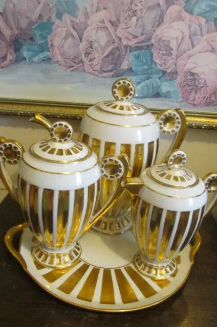 C. F. & P. Limoges France Porcelain Coffee Set Pot Creamer Sugar Bowl Tray Gold