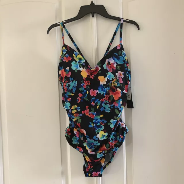 Aqua Green Size XL  Black Floral Print One Piece Swimsuit New