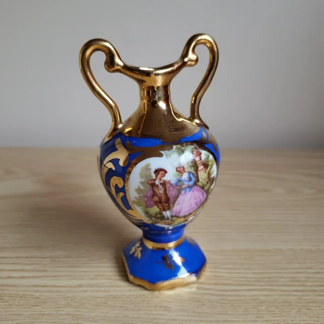 Vintage Colbalt Blue Gold Limoge France Ornate Vase Signed Small Porcelain