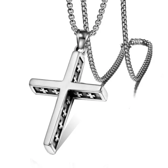 Silver Stainless Steel Black Cross Pendant Mens Women Chain Necklace Crucifix //