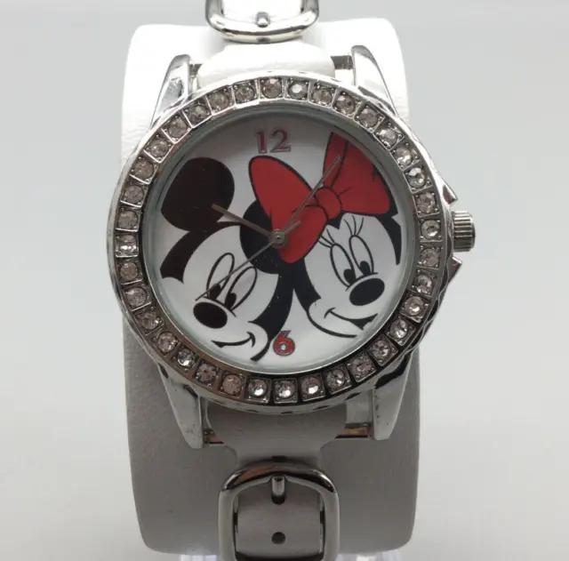 Disney Watch Women Mickey Minnie Mouse Pave White Leather Cuff Band New Battery