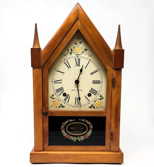 Vintage SETH THOMAS Wood Sharon 9W STEEPLE Chime Rod Key Pendulum Mantle Clock