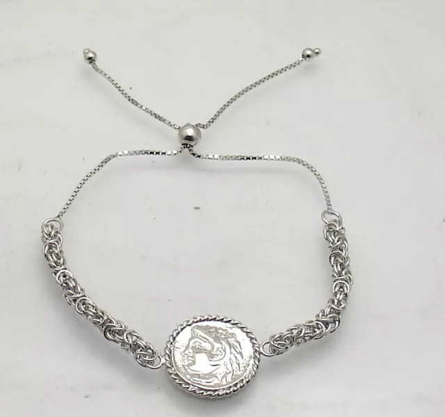 Adjustable Lira Coin Byzantine Bolo Bracelet Anti-Tarnish Real Sterling Silver