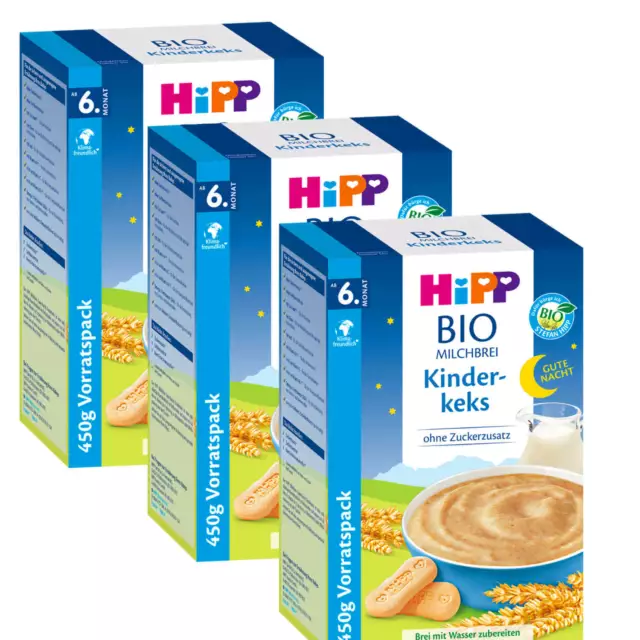 3x 450g HiPP Bio Papilla Lacteada Buenas Noches Kinderkeks Sin Azúcares Añadidos