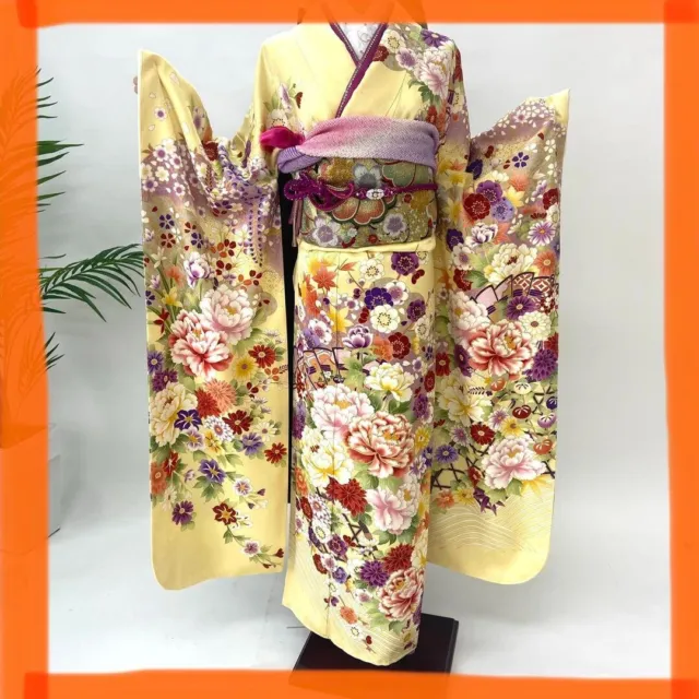 Furisode Yellow Full set of Japanese Kimono Pure Silk flower pattern