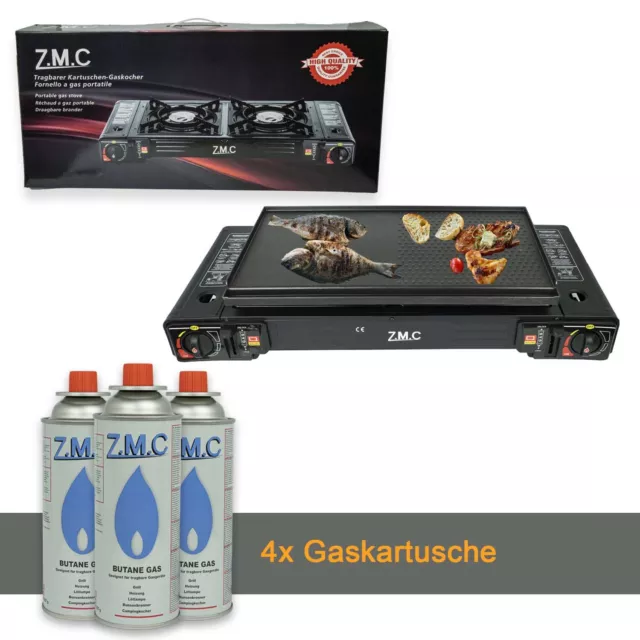 2 flammig Campingkocher Outdoor Camping Gas Kocher Grillplatte + 4x Gaskartusche