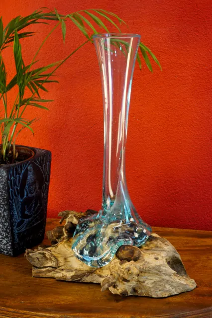 Fundido Cristal De Madera de Raiz Bali Búcaro Tazón Vidrio Florero Teca Nuevo