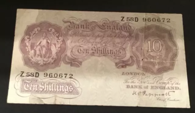 Banknote Of England Ten Shillings KO. Peppiatt Mauve. Z58D. Excellent Condition.