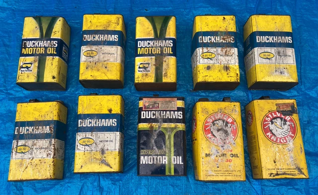 10 Vintage Duckhams Silver Knight 5L Motor Oil Cans Advertising Display, Storage