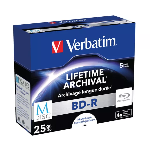 Verbatim M-Disc Blu-ray BD-R 25 GB 4x Printable Jewel Case Pack of 5 43823