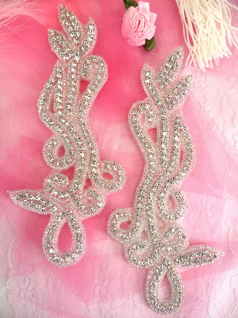 RHINESTONE APPLIQUES CRYSTAL Silver BEADED MIRROR PAIR BRIDAL MOTIFS (XR39)