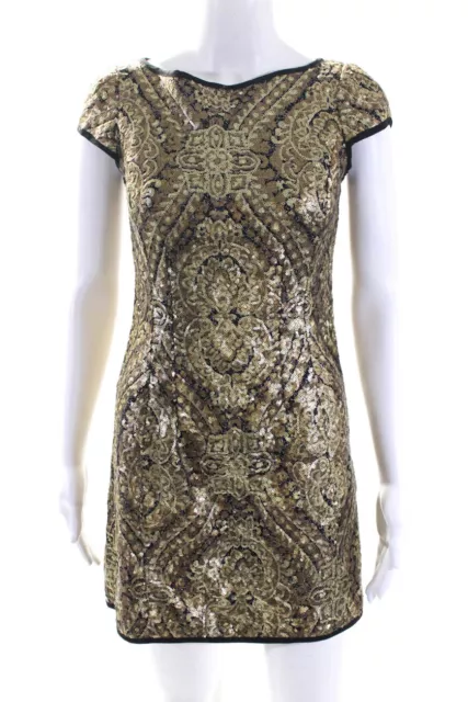 Nanette Lepore Womens Sequined Short Sleeves Dress Gold Black Size 2