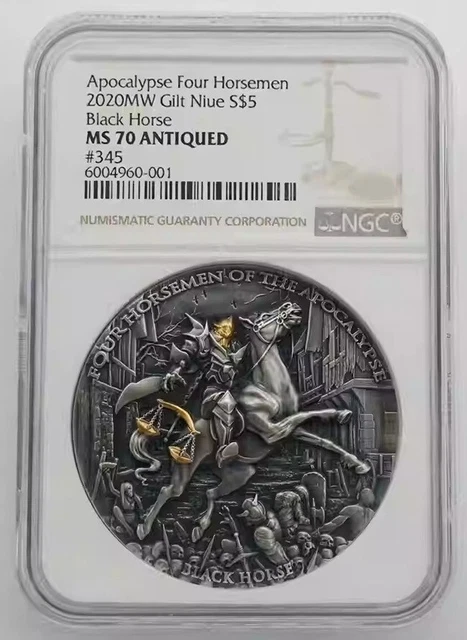 NGC MS70 Niue 2020 Apocalypse Four Horsemen Black Horse Antiqued Silver Coin 2oz