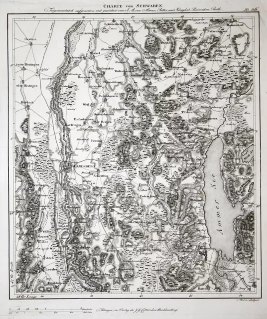 Landsberg Ammersee Original Kupferstich Landkarte Amman Bohnenberger 1810