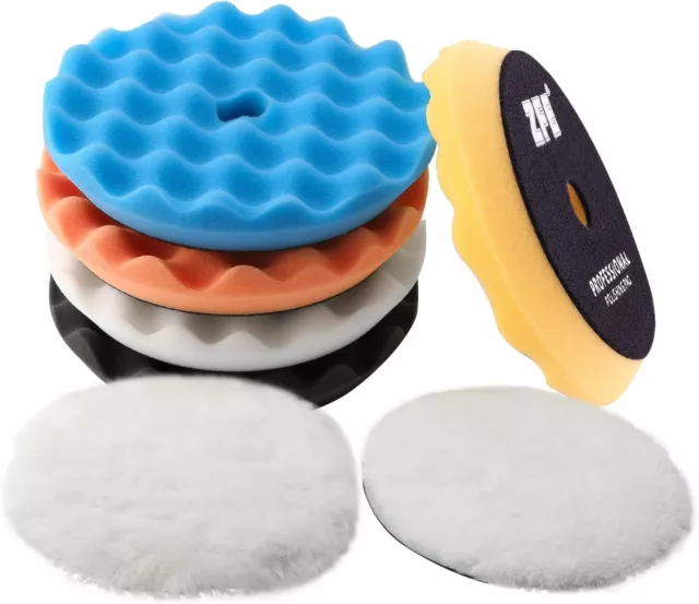 Buffing Pads 6Pcs 6" Waffle Foam & Wool Kit Car Polisher Boat Compounding Waxing